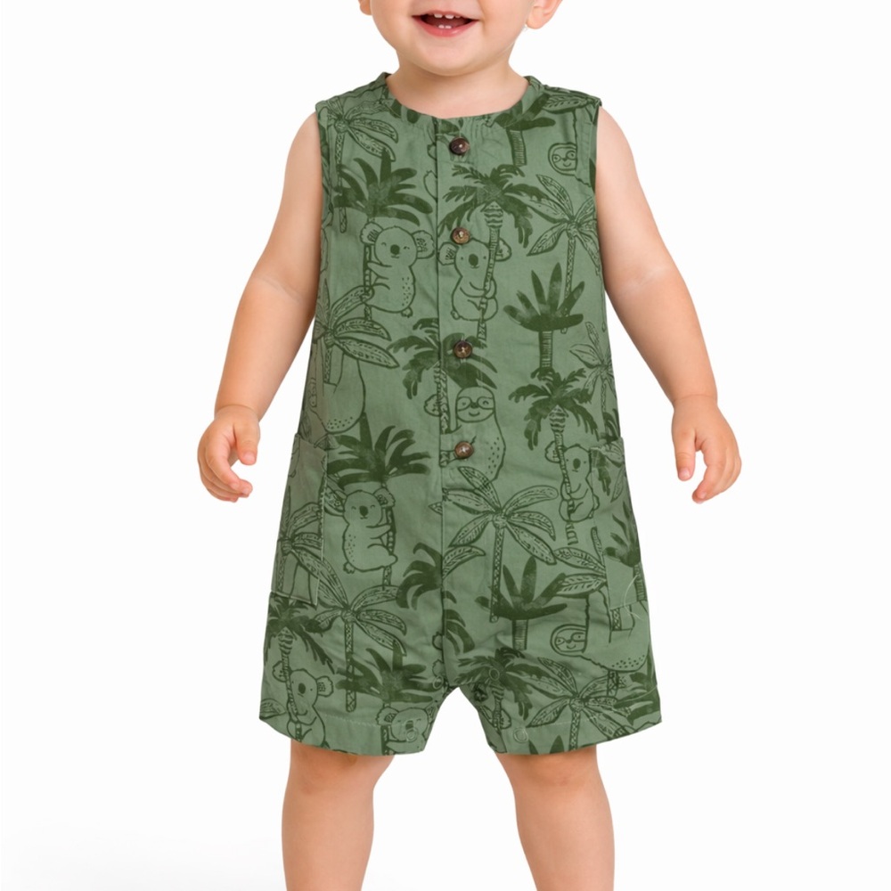 Carter’s green koala bear safari print sleeveless cotton baby romper size 18M